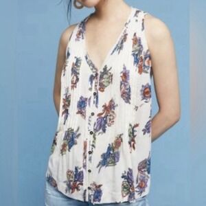 Anthropologie Maeve Top Medium Floral Boho Flowy Sleeveless‎ Cottage Coastal